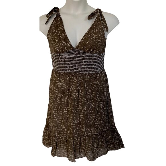 Something Girl Women's Mini Dress Brown w/ White Polka Dots Med Made in USA - Picture 1 of 4